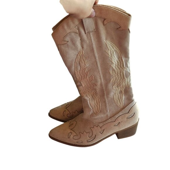 Vintage Western Cowboy Style Beige Embroidered Suede Boots With Low Block Heel F - Picture 3 of 15